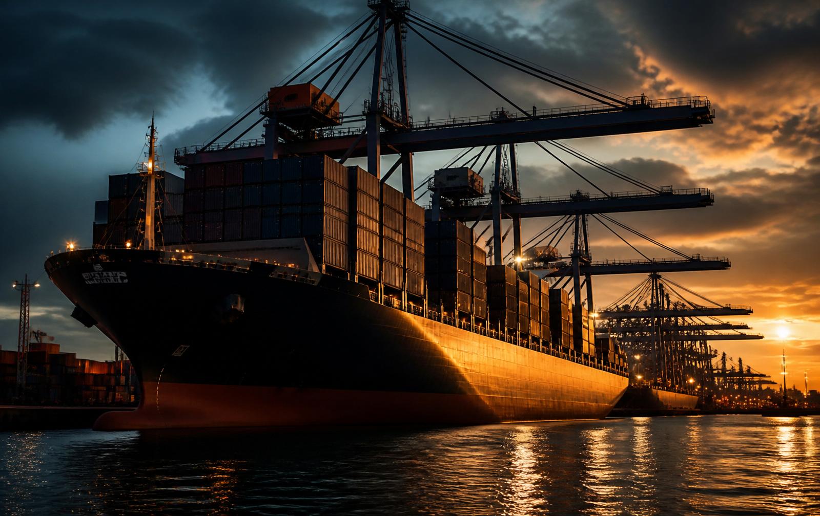 Cargo ship being loaded with export containers at an Indian port during golden hour — international agro commodity trade